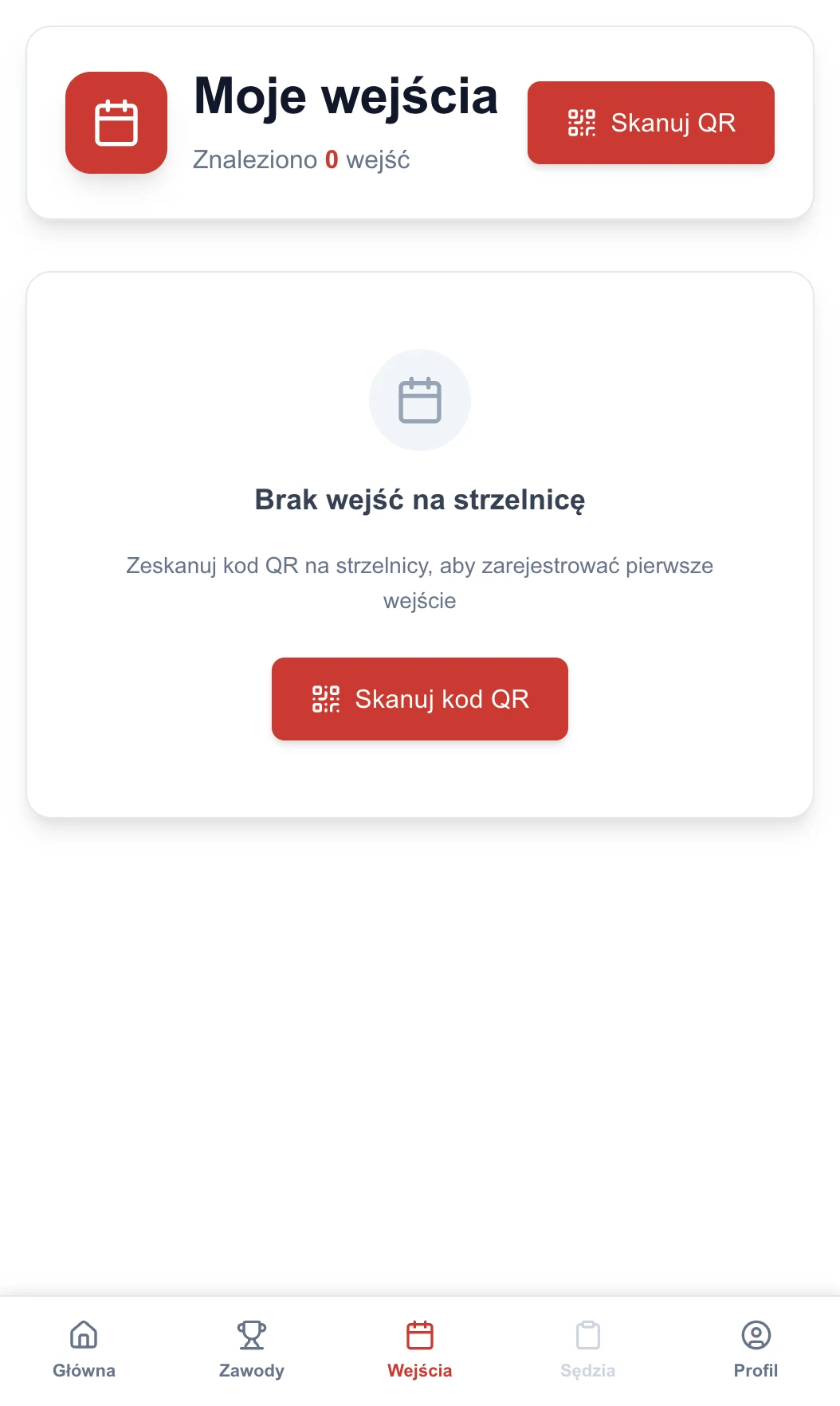 Aplikacja StrzelApp: ekran wejścia na strzelnicę z kodem QR